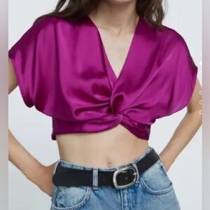 NWT Zara Knotted Satin crop top purple/magenta S